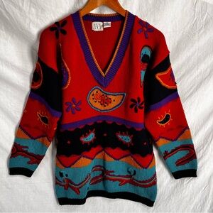 Vintage IVY 90s V Neck Chunky Colorful Knit Sweater Small Paisley Appliqué Disco